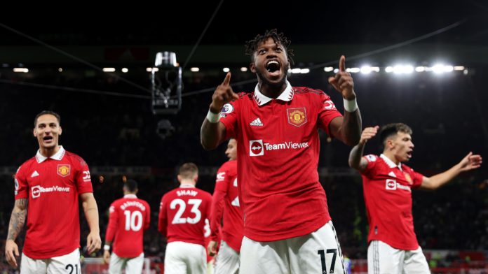 Fred of Manchester United celebrates after scoring their sides first goal during the Premier League match between Manchester United and Tottenham Hotspur at Old Trafford on October 19, 2022 in Manchester, England. Image credit: Getty Images