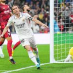 Luka Modric of Real Madrid celebrates after scoring their team's first goal during the LaLiga Santander match between Real Madrid CF and Sevilla FC at Estadio Santiago Bernabeu on October 22, 2022 in Madrid, Spain. (Photo by Angel Martinez/Getty Images) Image credit: Getty Images