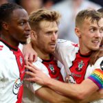 Stuart Armstrong of Southampton celebrates with teammates after scoring their team's first goal during the Premier League match between Southampton FC and Arsenal FC at Friends Provident St. Mary's Stadium on October 23, 2022 in Southampton, England Image credit: Getty Images