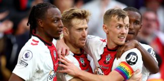 Stuart Armstrong of Southampton celebrates with teammates after scoring their team's first goal during the Premier League match between Southampton FC and Arsenal FC at Friends Provident St. Mary's Stadium on October 23, 2022 in Southampton, England Image credit: Getty Images