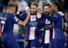 Lionel Messi of Paris Saint-Germain celebrates 4-1 with Neymar Jr, Renato Sanches and Kylian Mbappe Image credit: Getty Images