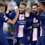 Lionel Messi of Paris Saint-Germain celebrates 4-1 with Neymar Jr, Renato Sanches and Kylian Mbappe Image credit: Getty Images