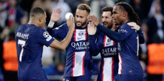 Lionel Messi of Paris Saint-Germain celebrates 4-1 with Neymar Jr, Renato Sanches and Kylian Mbappe Image credit: Getty Images