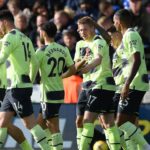 LEICESTER, ENGLAND - OCTOBER 29: Kevin De Bruyne of Manchester City celebrates with teammates after scoring their team's first goal during the Premier League match between Leicester City and Manchester City at The King Power Stadium on October 29, 2022 in Image credit: Getty Images