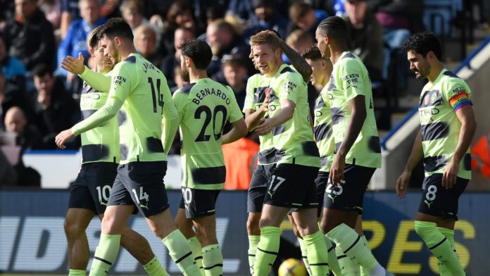 LEICESTER, ENGLAND - OCTOBER 29: Kevin De Bruyne of Manchester City celebrates with teammates after scoring their team's first goal during the Premier League match between Leicester City and Manchester City at The King Power Stadium on October 29, 2022 in Image credit: Getty Images