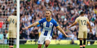 BRIGHTON, ENGLAND - OCTOBER 29: Leandro Trossard of Brighton & Hove Albion celebrates after scoring their team's first goal during the Premier League match between Brighton & Hove Albion and Chelsea FC at American Express Community Stadium on October 29, Image credit: Getty Images