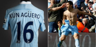 Aguero tore off the shirt, which is stained with both mud and champagne, in celebration