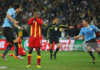 JOHANNESBURG, SOUTH AFRICA - JULY 02: Asamoah Gyan of Ghana reacts as he misses a late penalty kick in extra time to win the match during the 2010 FIFA World Cup South Africa Quarter Final match between Uruguay and Ghana at the Soccer City stadium on July 2, 2010 in Johannesburg, South Africa. (Photo by Cameron Spencer/Getty Images)