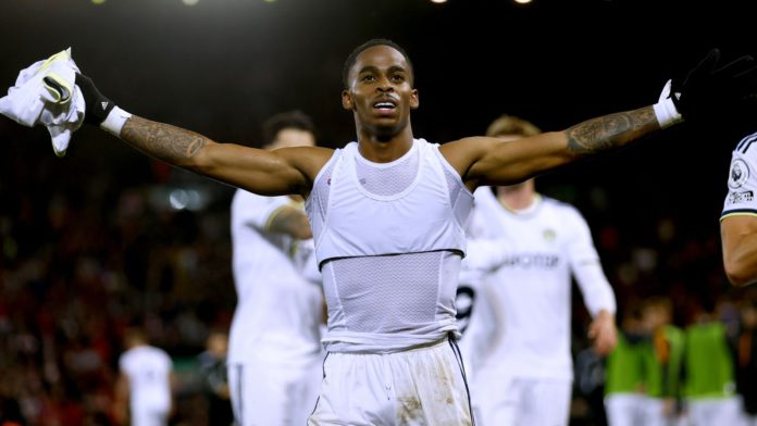 Crysencio Summerville celebrates his late winner at Anfield