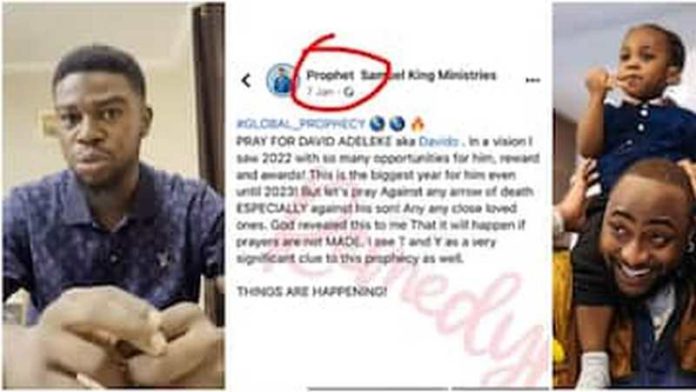 A video of a clergyman named Prophet Samuel King goes viral online as he claims to have predicted the death of Davido's first son, Ifeanyi. Photo credit: @davido/@prophetsamuelking ministries