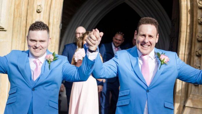 Shane Yerrell, right, and David Sparrey finally got married after being rejected by churches 31 times (Image: Ellie Stewart / SWNS)