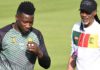 Andre Onana (left) and coach Rigobert Song, pictured during training on Sunday, have fallen out in an apparent row over tactics