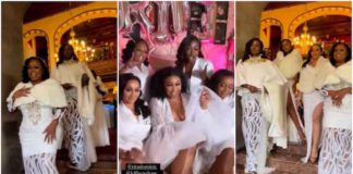Kate Henshaw, Michelle Dede and Chioma Akpotha step out in style for Rita Dominic's white wedding as bridesmaids. Photo credit: @chiomaakpotha/@k8henshaw/@the_commensection