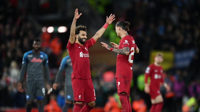 LIVERPOOL, ENGLAND - NOVEMBER 01: Darwin Nunez of Liverpool celebrates after scoring their team's second goal during the UEFA Champions League group A match between Liverpool FC and SSC Napoli at Anfield on November 01, 2022 in Liverpool, England. (Photo Image credit: Getty Images