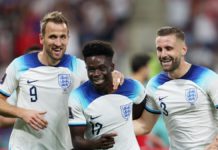 Bukayo Saka of England celebrates with teammates Harry Kane and Luke Shaw after scoring their team's fourth goal during the FIFA World Cup Qatar 2022 Group B match between England and IR Iran Image credit: Getty Images