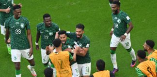 Saudi Arabia's midfielder #10 Salem Al-Dawsari celebrates with his teammates after scoring the second goal during the Qatar 2022 World Cup Group C football match between Argentina and Saudi Arabia at the Lusail Stadium in Lusail, north of Doha on November Image credit: Getty Images