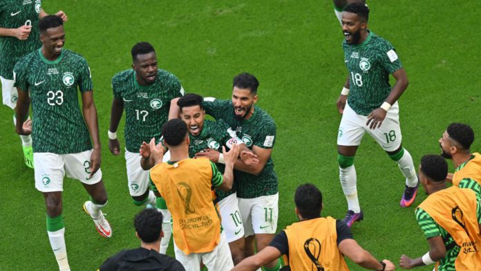 Saudi Arabia's midfielder #10 Salem Al-Dawsari celebrates with his teammates after scoring the second goal during the Qatar 2022 World Cup Group C football match between Argentina and Saudi Arabia at the Lusail Stadium in Lusail, north of Doha on November Image credit: Getty Images