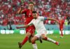 Tunisia's forward Youssef Msekni (R) and Denmark's defender Joachim Andersen fight for the ball during the Qatar 2022 World Cup Group D football match between Denmark and Tunisia at the Education City Stadium in Al-Rayyan, west of Doha on November 22, 202 Image credit: Getty Images