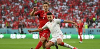 Tunisia's forward Youssef Msekni (R) and Denmark's defender Joachim Andersen fight for the ball during the Qatar 2022 World Cup Group D football match between Denmark and Tunisia at the Education City Stadium in Al-Rayyan, west of Doha on November 22, 202 Image credit: Getty Images