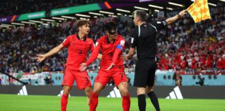 Heungmin Son (C) and Jinsu Kim of Korea Republic argue a call with match officials during the FIFA World Cup Qatar 2022 Group H match between Uruguay and Korea Republic at Education City Stadium Image credit: Getty Images