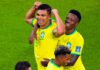 Casemiro (5) of Brazil celebrates with teammates after scoring to make it 1-0 during the FIFA World Cup Qatar 2022 Group G match between Brazil and Switzerland at Stadium 974 on November 28, 2022 in Doha, Qatar Image credit: Getty Images