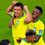 Casemiro (5) of Brazil celebrates with teammates after scoring to make it 1-0 during the FIFA World Cup Qatar 2022 Group G match between Brazil and Switzerland at Stadium 974 on November 28, 2022 in Doha, Qatar Image credit: Getty Images