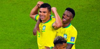 Casemiro (5) of Brazil celebrates with teammates after scoring to make it 1-0 during the FIFA World Cup Qatar 2022 Group G match between Brazil and Switzerland at Stadium 974 on November 28, 2022 in Doha, Qatar Image credit: Getty Images