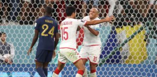 Wahbi Khazri of Tunisia celebrates after scoring their team's first goal during the FIFA World Cup Qatar 2022 Group D match between Tunisia and France at Education City Stadium on November 30, 2022 in Al Rayyan, Qatar. (Photo by Sarah Stier - FIFA/FIFA) Image credit: Getty Images