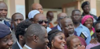 Jomoro MP Dorcas Affo-Toffey, flanked by some NDC members