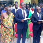 The newly elected fellows of the Ghana Academy of Arts and Sciences (GAAS) reading the declaration act. PICTURE: MAXWELL OCLOO