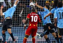 Luis Suarez was shown a straight red card for this handball against Ghana that saved a certain goal in the 2010 World Cup quarter-finals