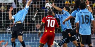 Luis Suarez was shown a straight red card for this handball against Ghana that saved a certain goal in the 2010 World Cup quarter-finals