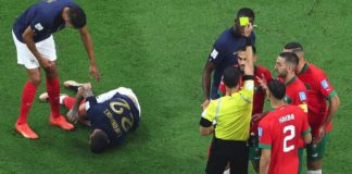 Referee Cesar Ramos booked Sofiane Boufal following a challenge by Theo Hernandez, which Morocco thought should have been a penalty