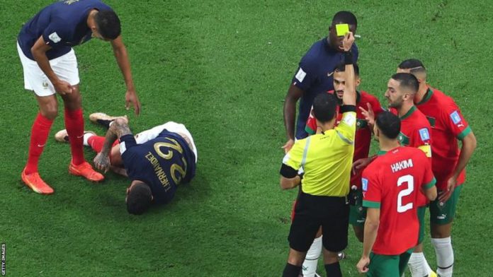 Referee Cesar Ramos booked Sofiane Boufal following a challenge by Theo Hernandez, which Morocco thought should have been a penalty