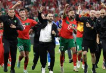 Walid Regragui leads the celebrations after Morocco became the first African team to reach a World Cup semi-final