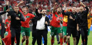 Walid Regragui leads the celebrations after Morocco became the first African team to reach a World Cup semi-final