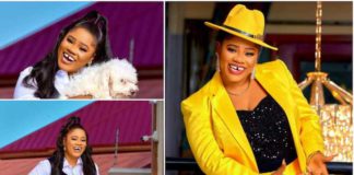 Obaapa Christy looks stunning in a black and white prom dress and a yellow tailored suit.