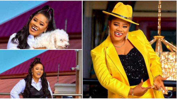Obaapa Christy looks stunning in a black and white prom dress and a yellow tailored suit.