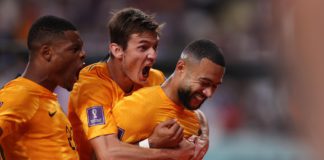 Memphis Depay of Netherlands celebrates with teammates after scoring the team's first goal during the FIFA World Cup Qatar 2022 Round of 16 match between Netherlands and USA at Khalifa International Stadium on December 03, 2022 in Doha, Qatar Image credit: Getty Images