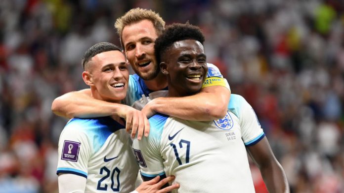 Bukayo Saka of England celebrates after scoring the team's third goal during the FIFA World Cup Qatar 2022 Round of 16 match between England and Senegal at Al Bayt Stadium on December 04, 2022 in Al Khor, Qatar. Image credit: Getty Images