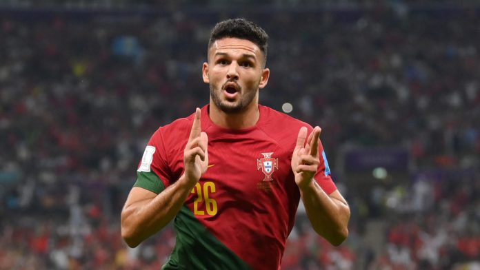 Goncalo Ramos of Portugal celebrates after scoring the team's first goal during the FIFA World Cup Qatar 2022 Round of 16 match between Portugal and Switzerland at Lusail Stadium Image credit: Getty Images