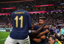 AL KHOR, QATAR - DECEMBER 10: Olivier Giroud of France celebrates with teammates after scoring his team's second goal during the FIFA World Cup Qatar 2022 quarter final match between England and France at Al Bayt Stadium on December 10, 2022 in Al Khor, Q Image credit: Getty Images