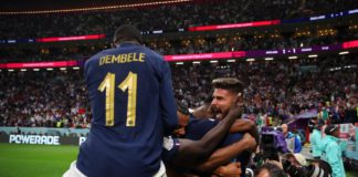 AL KHOR, QATAR - DECEMBER 10: Olivier Giroud of France celebrates with teammates after scoring his team's second goal during the FIFA World Cup Qatar 2022 quarter final match between England and France at Al Bayt Stadium on December 10, 2022 in Al Khor, Q Image credit: Getty Images