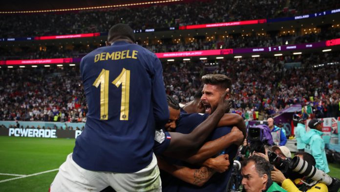 AL KHOR, QATAR - DECEMBER 10: Olivier Giroud of France celebrates with teammates after scoring his team's second goal during the FIFA World Cup Qatar 2022 quarter final match between England and France at Al Bayt Stadium on December 10, 2022 in Al Khor, Q Image credit: Getty Images AL KHOR, QATAR - DECEMBER 10: Olivier Giroud of France celebrates with teammates after scoring his team's second goal during the FIFA World Cup Qatar 2022 quarter final match between England and France at Al Bayt Stadium on December 10, 2022 in Al Khor, Q Image credit: Getty Images