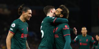 Mohamed Salah of Liverpool celebrates with teammates Darwin Nunez and Andy Robertson after scoring their side's first goal during the Premier League match between Aston Villa and Liverpool FC at Villa Park Image credit: Getty Images