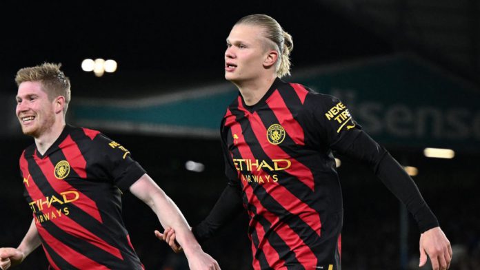 Erling Haaland celebrates scoring for Manchester City Image credit: Getty Images