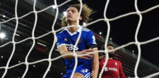 Wout Faes reacts after scoring an own goal during Liverpool v Leicester City, Premier League, Anfield, Liverpool, December 30, 2022 Image credit: Getty Images