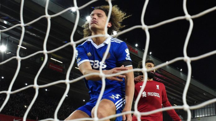 Wout Faes reacts after scoring an own goal during Liverpool v Leicester City, Premier League, Anfield, Liverpool, December 30, 2022 Image credit: Getty Images