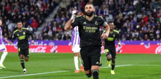 Karim Benzema celebrates during Valladolid v Real Madrid, La Liga, Estadio Municipal Jose Zorrilla, Valladolid, Spain, December 30, 2022 Image credit: Getty Images