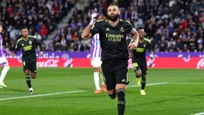 Karim Benzema celebrates during Valladolid v Real Madrid, La Liga, Estadio Municipal Jose Zorrilla, Valladolid, Spain, December 30, 2022 Image credit: Getty Images